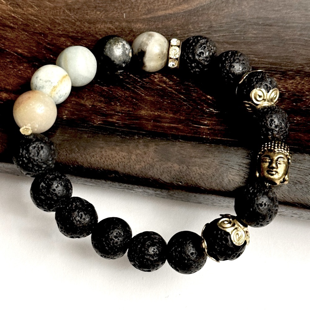 Black Lava and Amazonite Golden Buddha head Bracelet
